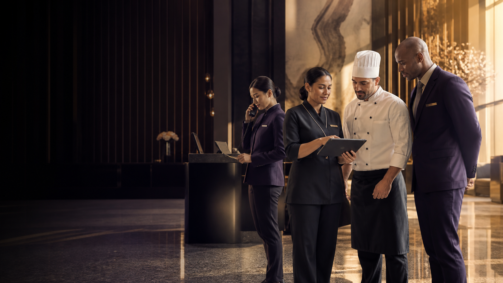 Hospitality team at work: front desk, kitchen and management