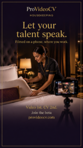Illustration of a housekeeper smoothing a pillow on a made bed while a phone on a stand films the action